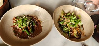 Duck on Left, Vegetable Stir Fry on Right
