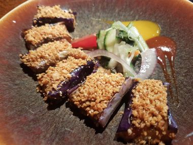 Grilled Pink Aubergine, Sesame, Tamarind and Peanut Crumble